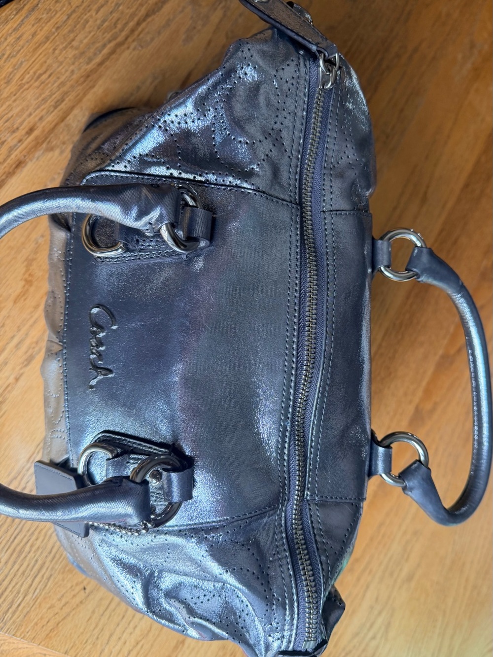 Coach Metallic Silver Perforated Sateen Satchel, LIMITED EDITION! - Picture 4 of 6